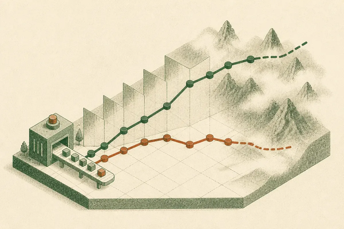 two training curves diverging, one climbing higher and holding steadier as it extends into unfamiliar territory