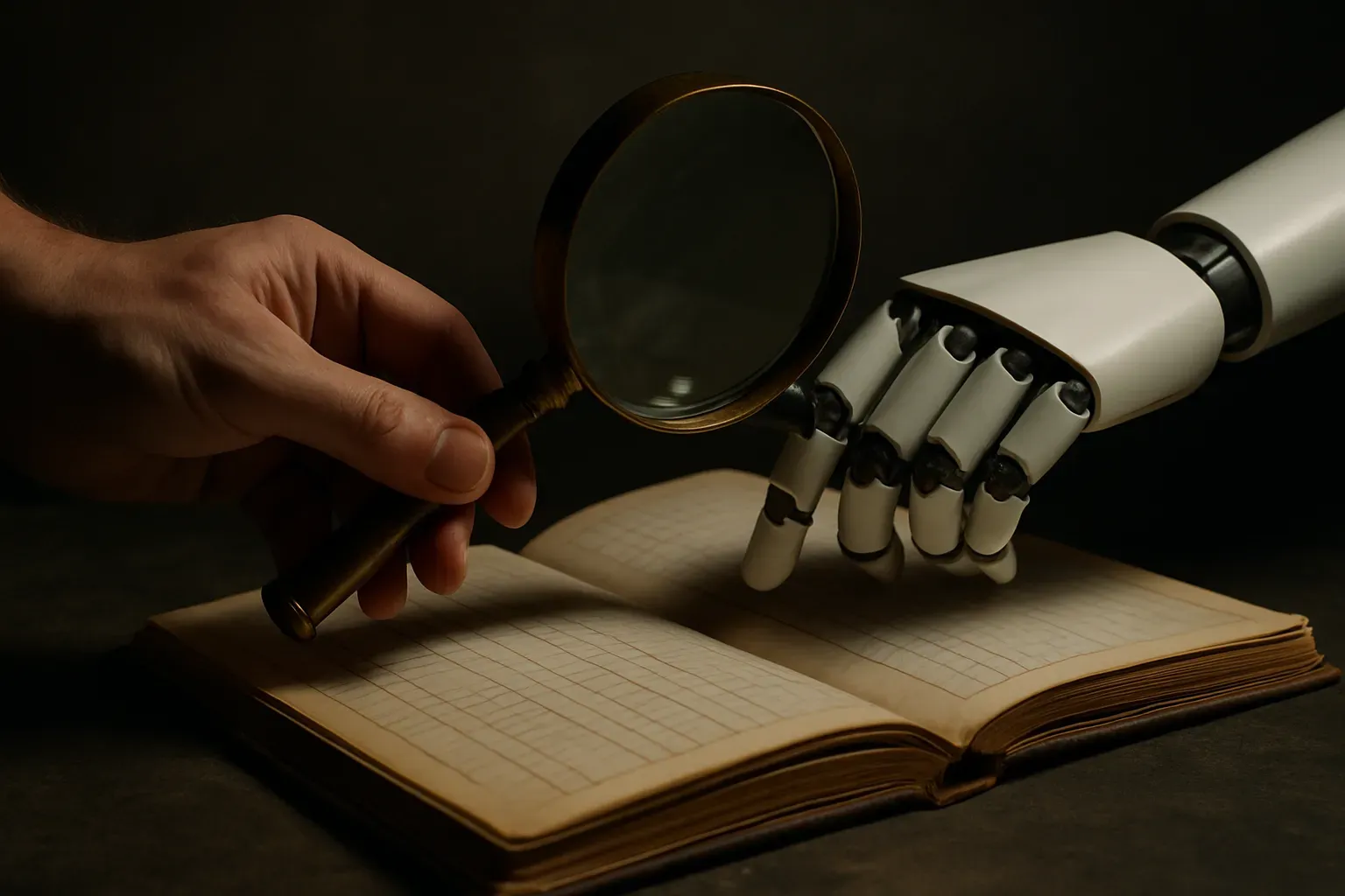 a human hand and a robotic hand jointly holding a magnifying glass over a ledger