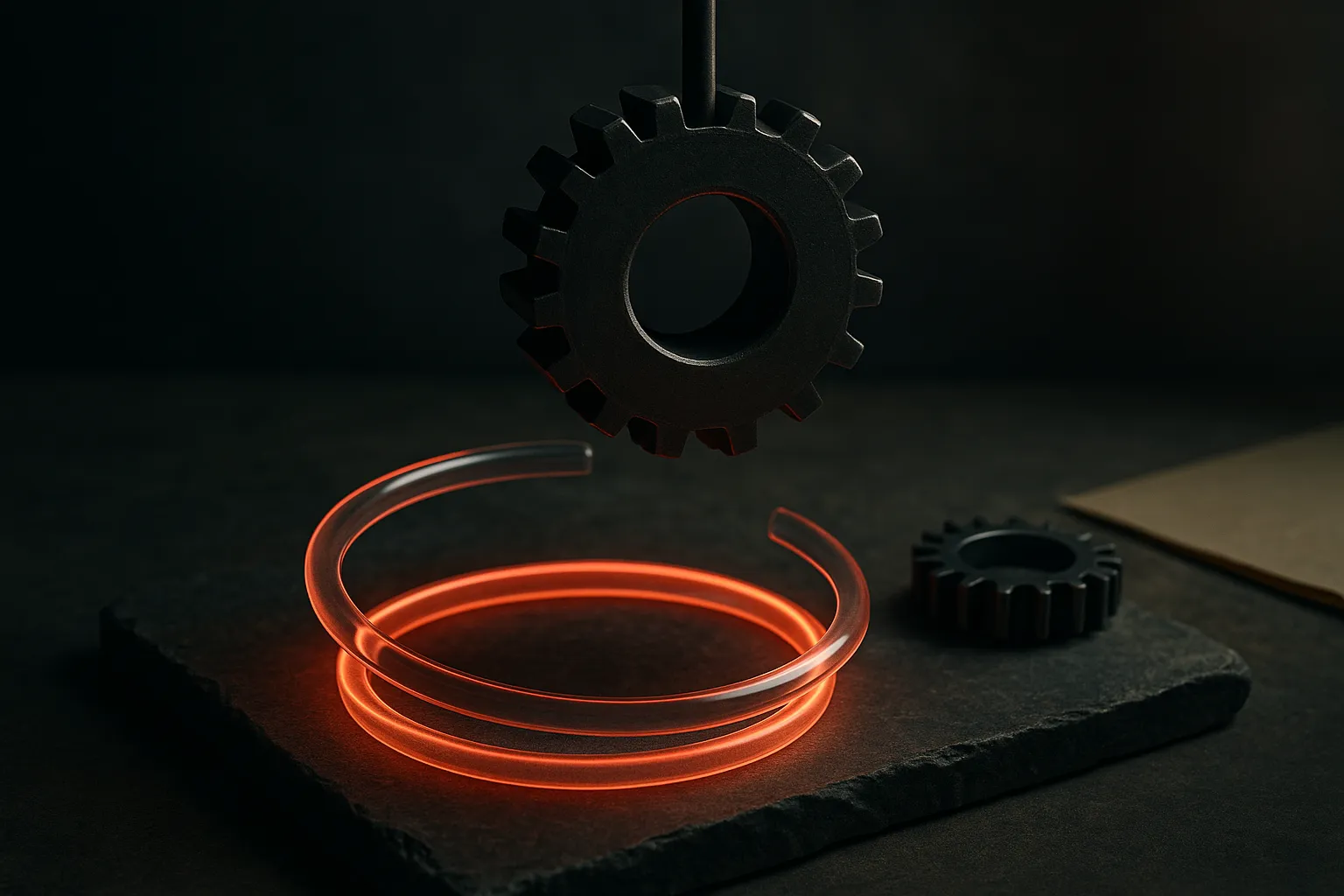 a large heavy gear at the end of a loop being lifted out, leaving a lighter loop spinning faster