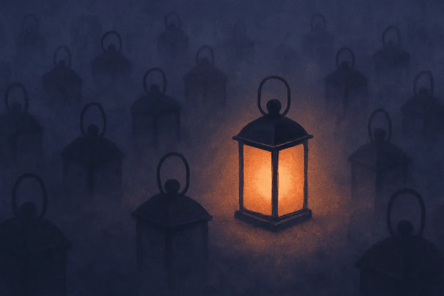 a single lit lantern staying visible while a fog of identical dim shapes fills the space around it