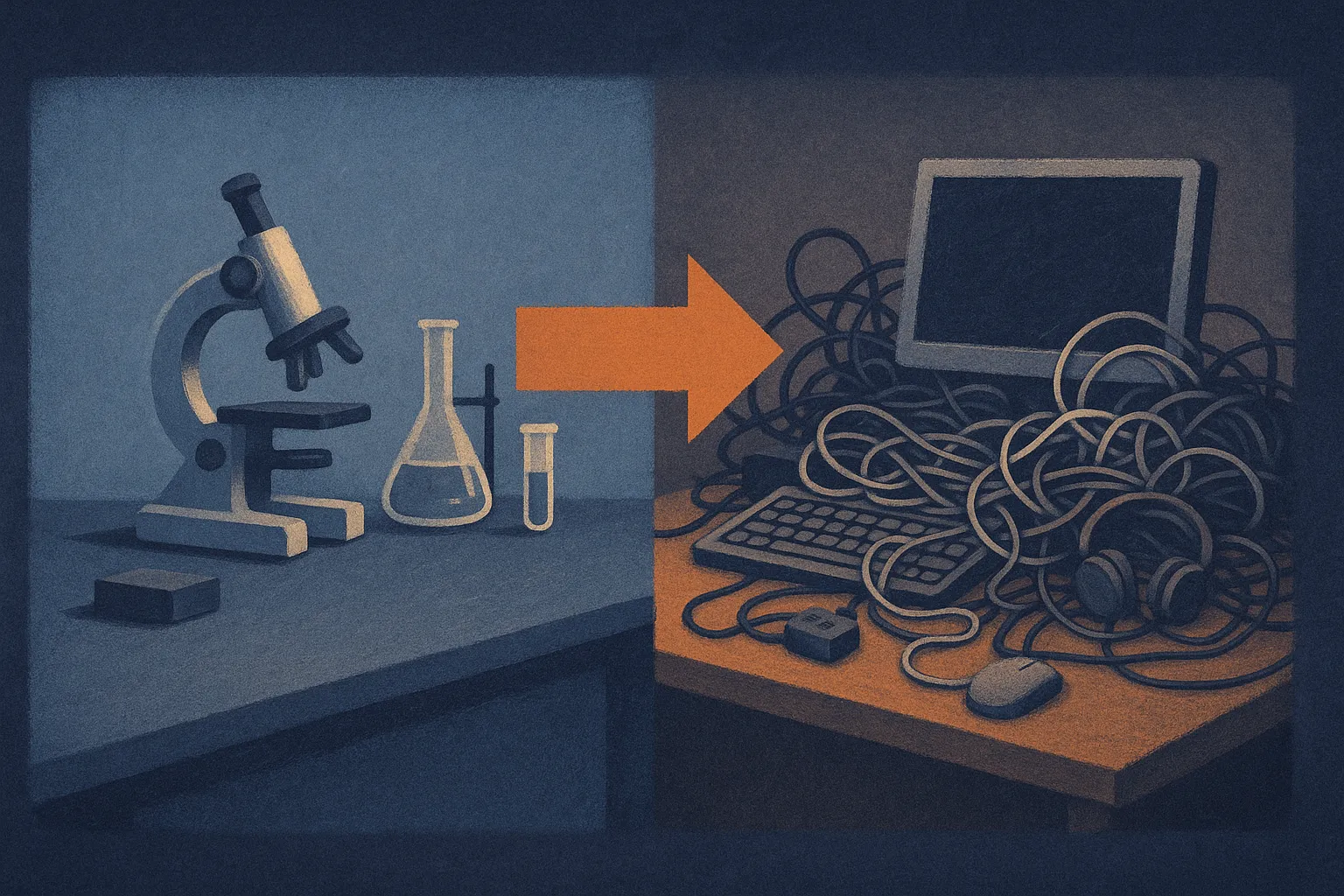 a clean laboratory setup on one side and a tangled cluttered workspace on the other, connected by an arrow