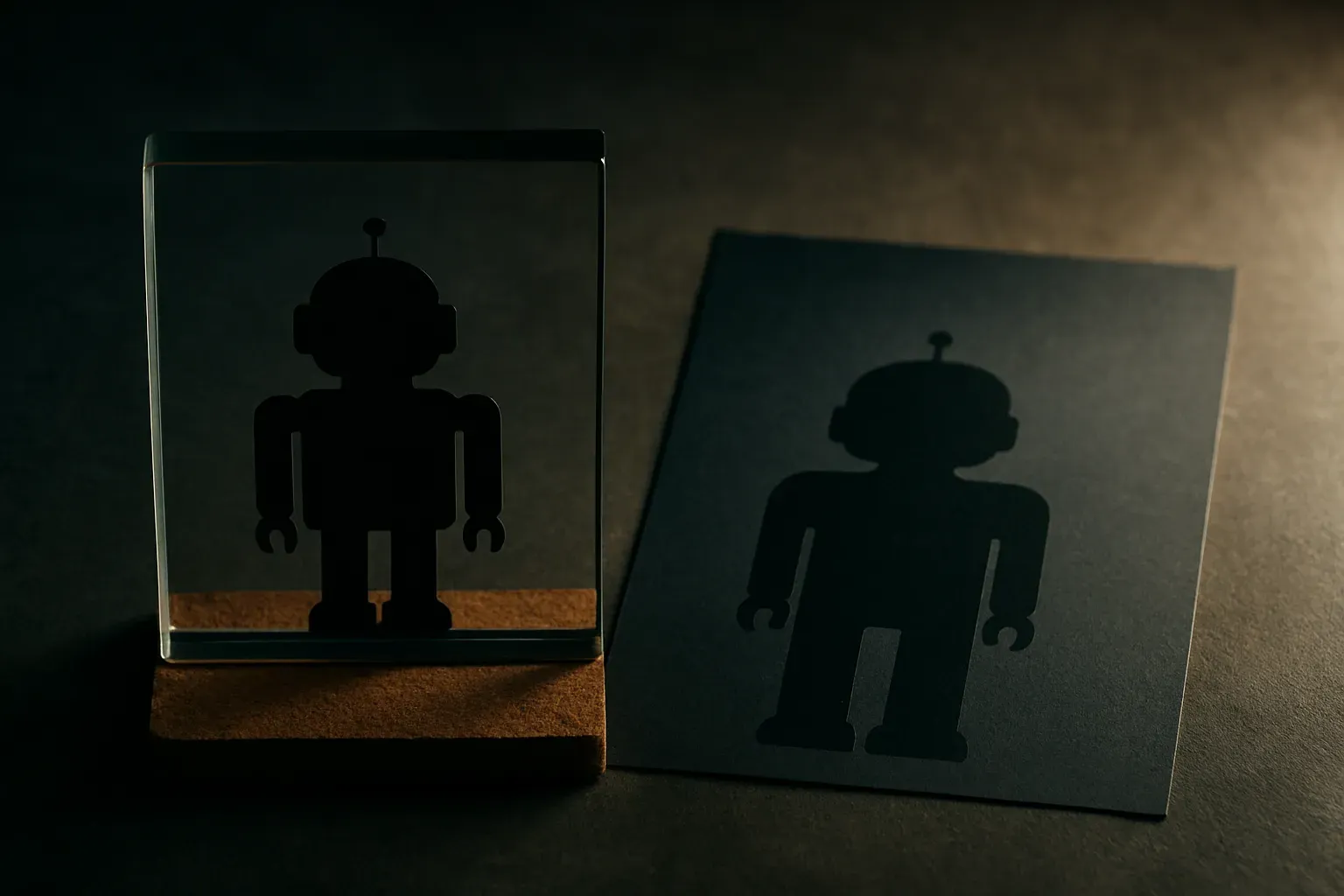 two robot silhouettes side by side, one boxed inside a fixed boundary, the other surrounded by an expanding open space