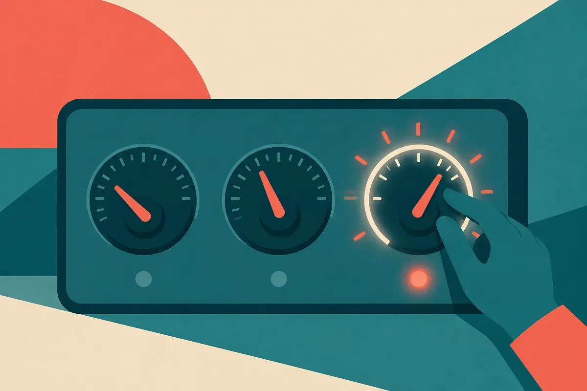 three dials on a control panel, two turned to wrong positions dimly lit and one glowing correctly after adjustment
