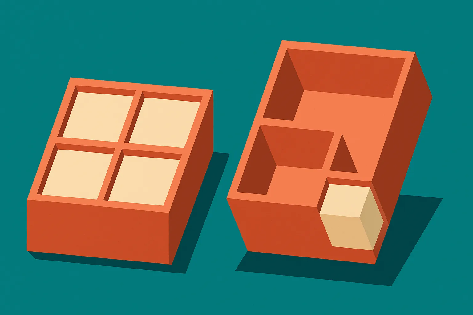 a single small model containing several balanced compartments of equal size, contrasted against one lopsided compartment