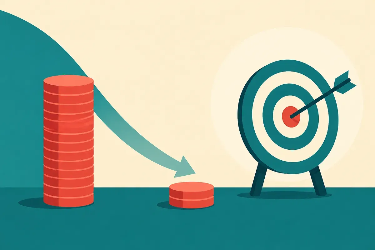 a stack of coins shrinking beside an unchanged target, suggesting lower cost for the same result