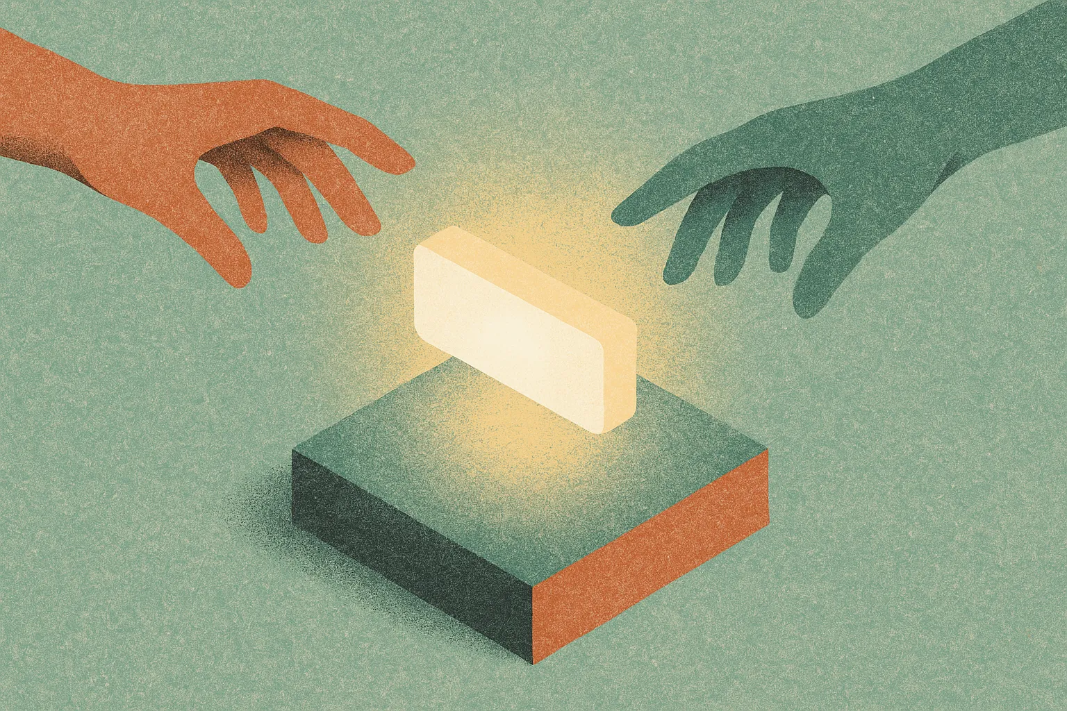 a single glowing label attracting two hands reaching from opposite directions