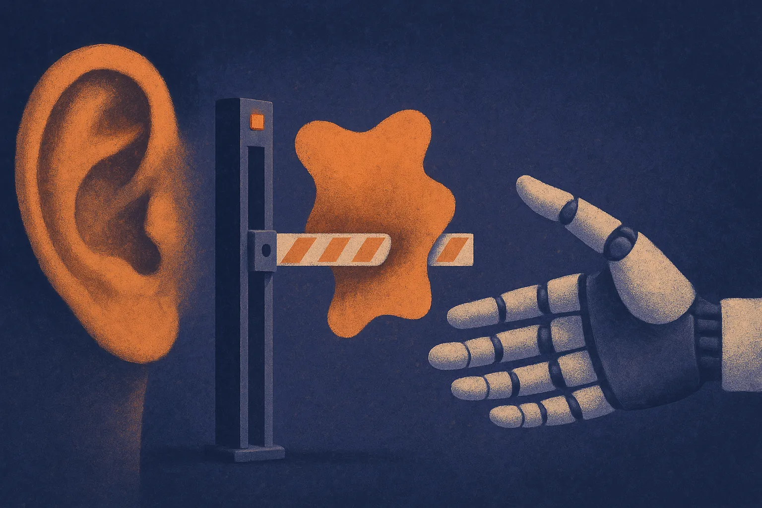 a checkpoint gate sitting between an ear and a robotic hand, catching a distorted shape before it passes