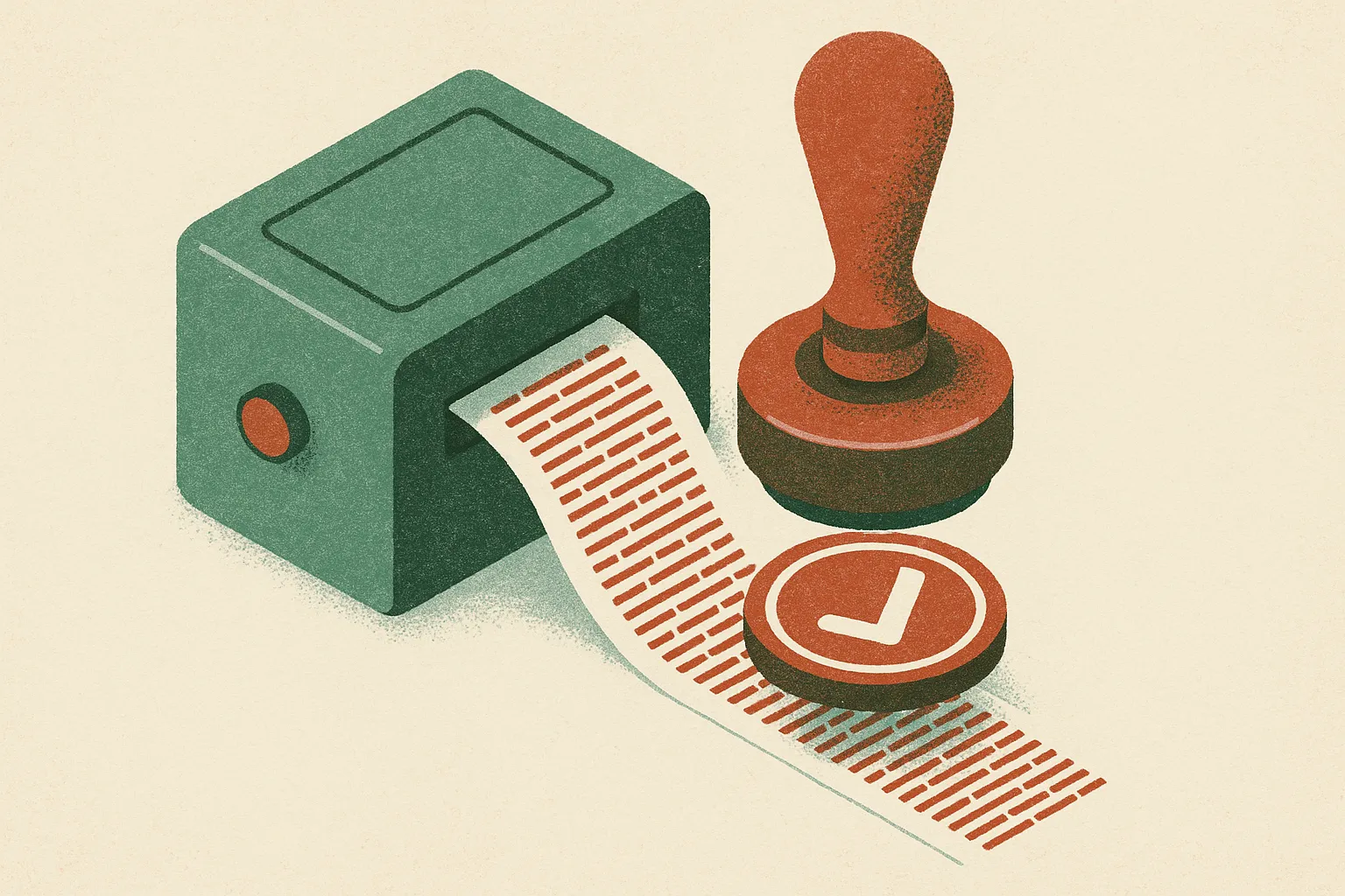 a certified seal being pressed onto a stream of text as it leaves an enclosed system
