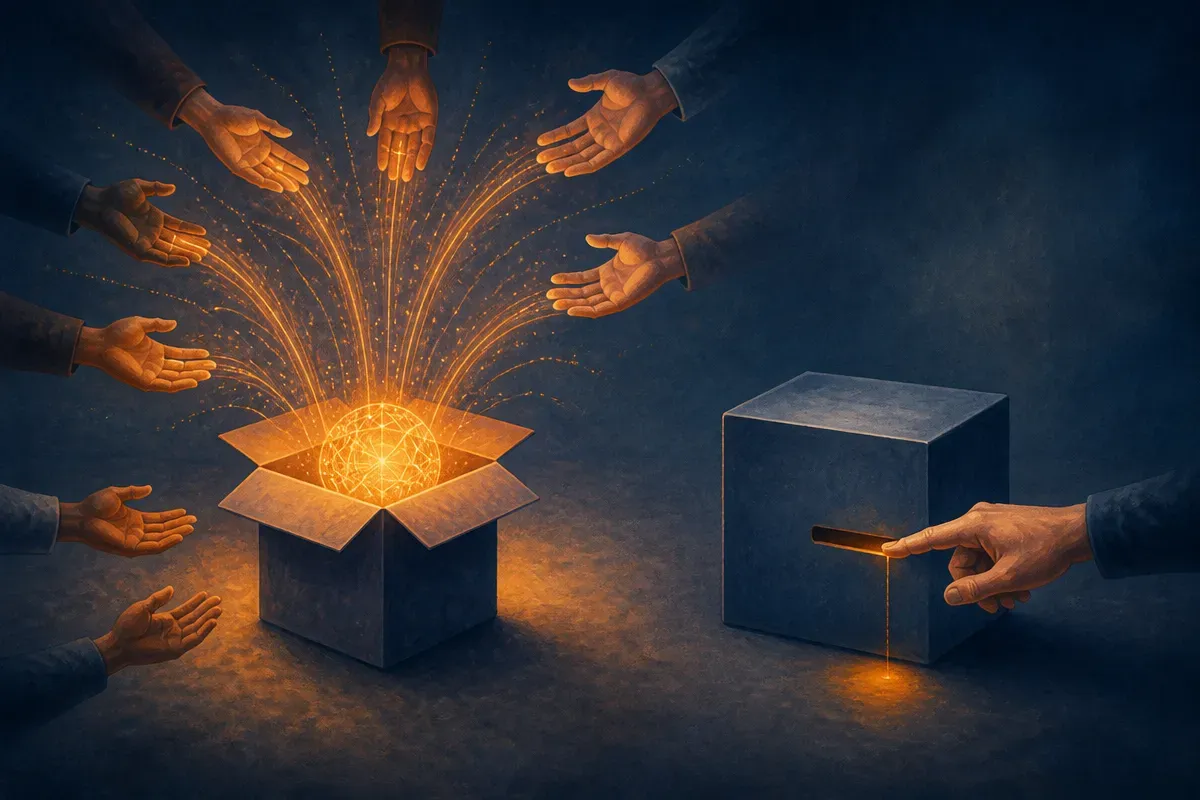 an open box passing capability outward to many hands, contrasted with a closed box that only offers a single slot