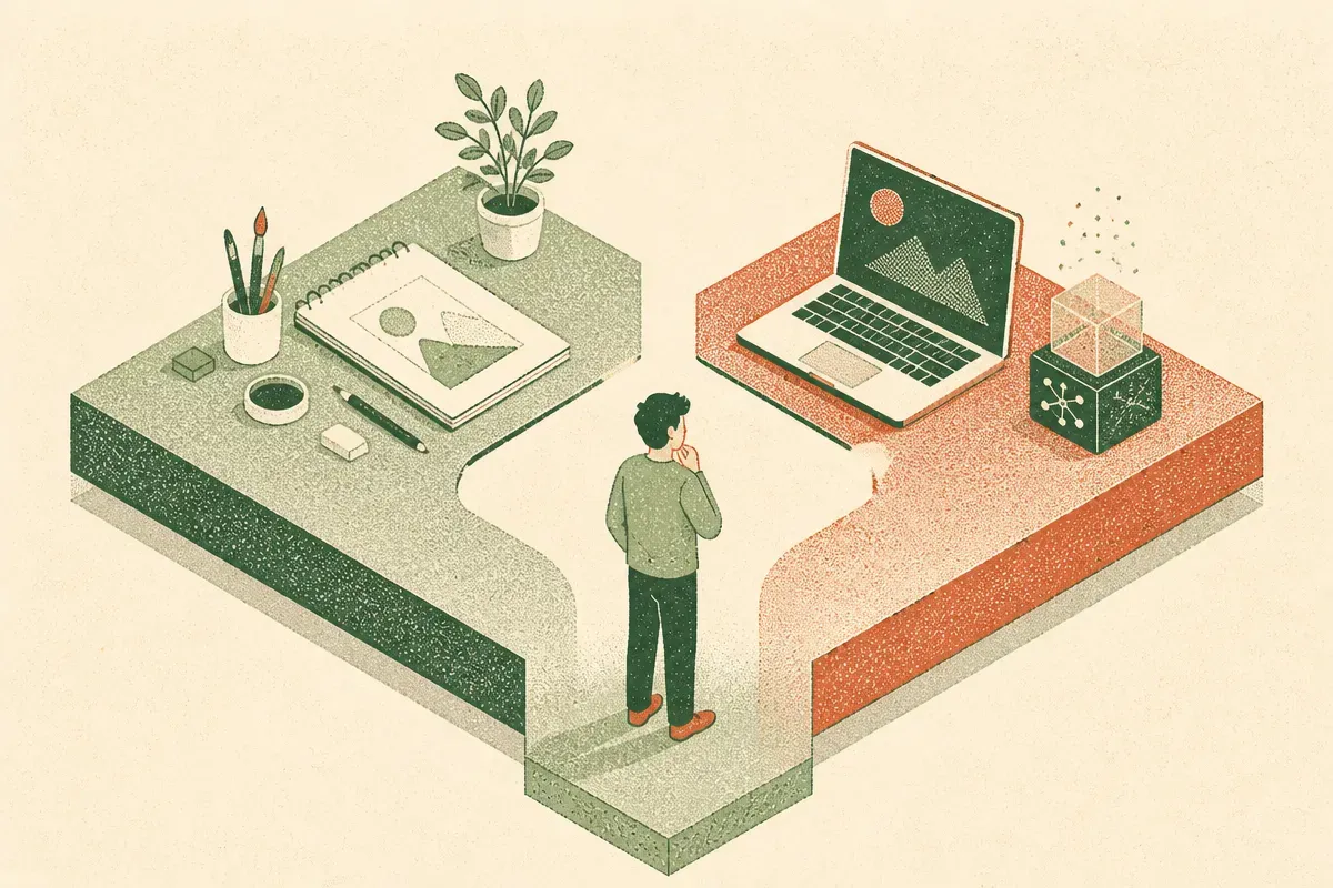 a person calmly deciding between two tools laid out in front of them