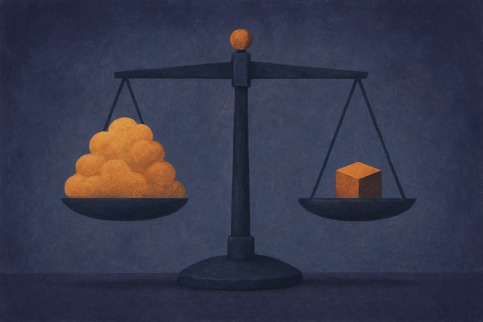 two scales, one holding a large pile that weighs nothing, the other holding a small object that weighs a lot