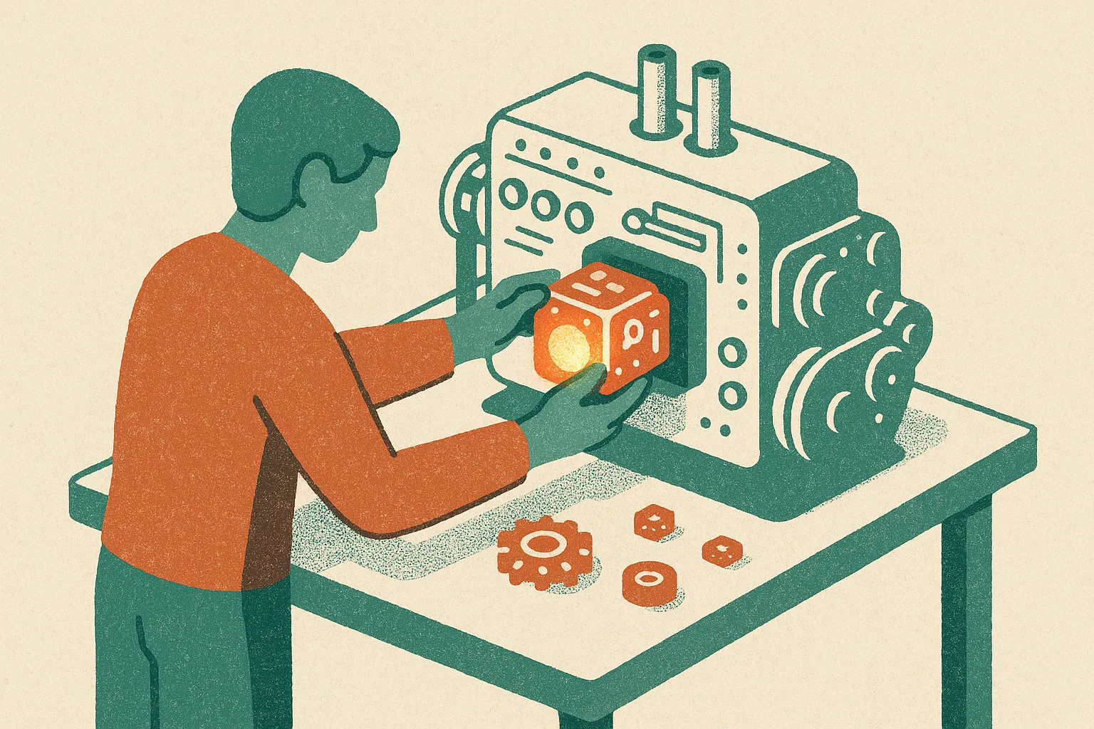 a person at a workbench connecting a small glowing engine into a larger machine, the engine one part of many
