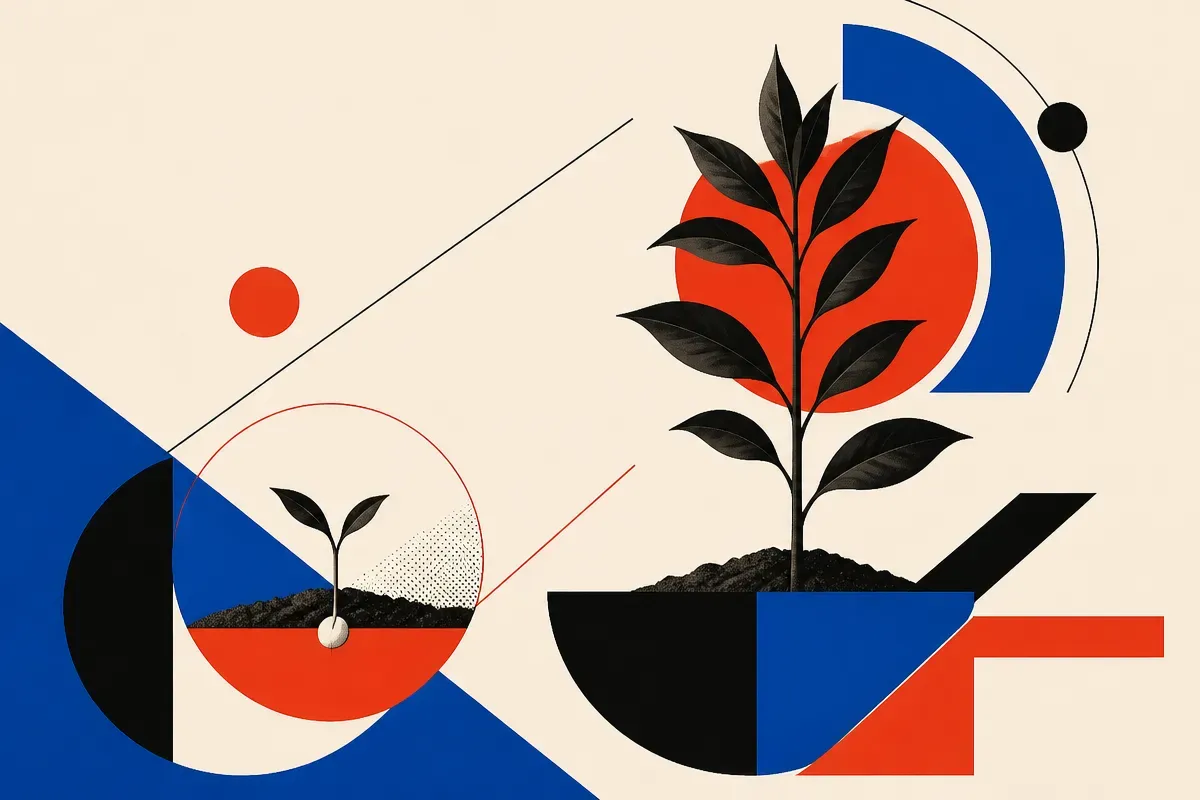 a seed just breaking soil next to a fully grown plant, showing early signal versus finished product