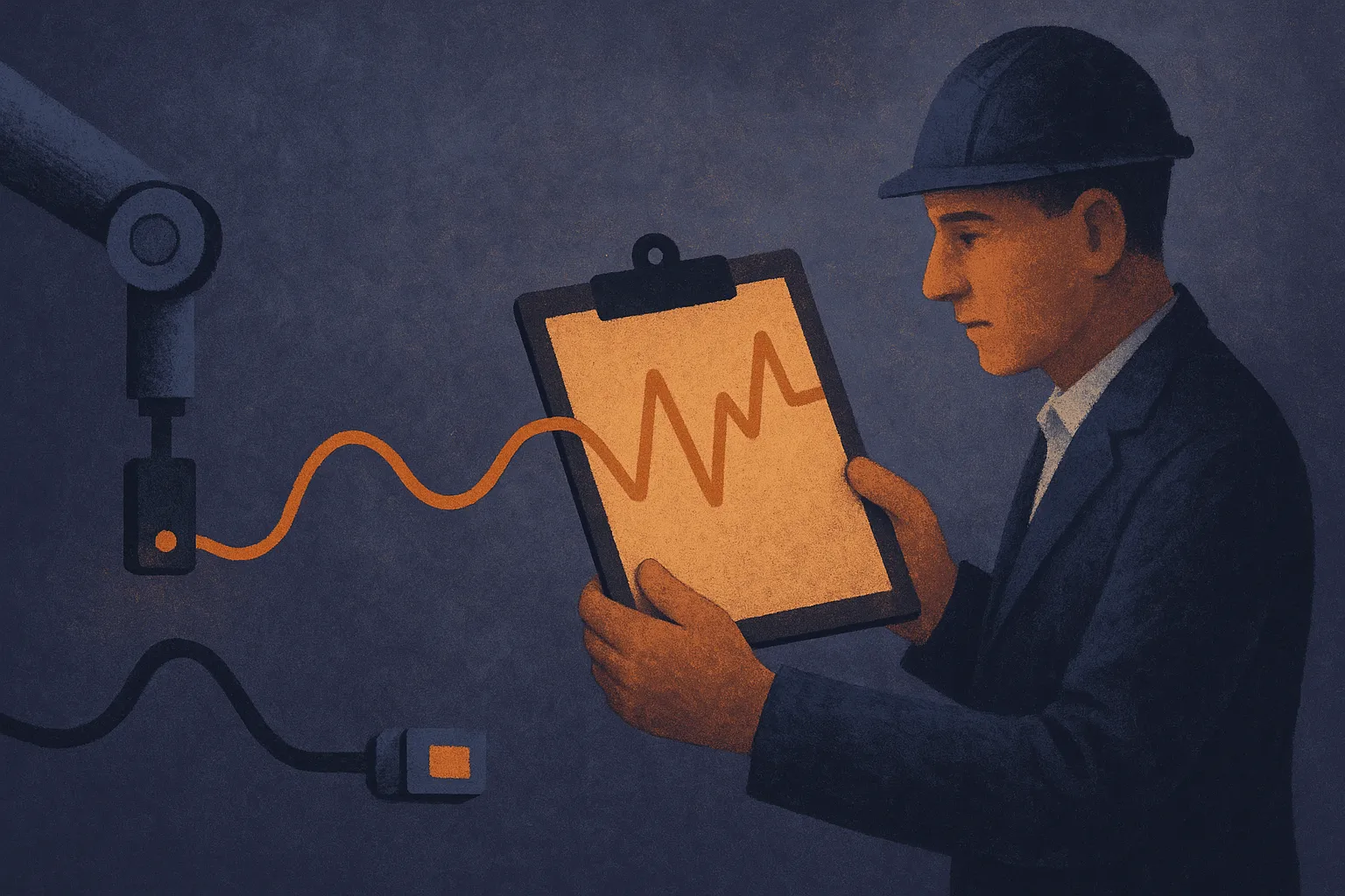 a machine sensor line handed off to an inspector who checks it against a familiar reference chart, the two matching