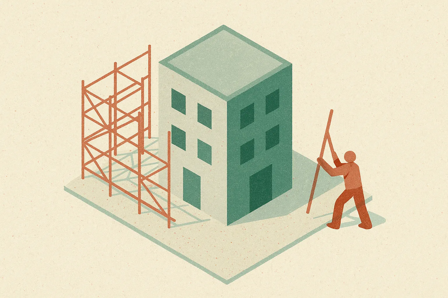 scaffolding around a building being removed to reveal a finished structure standing on its own