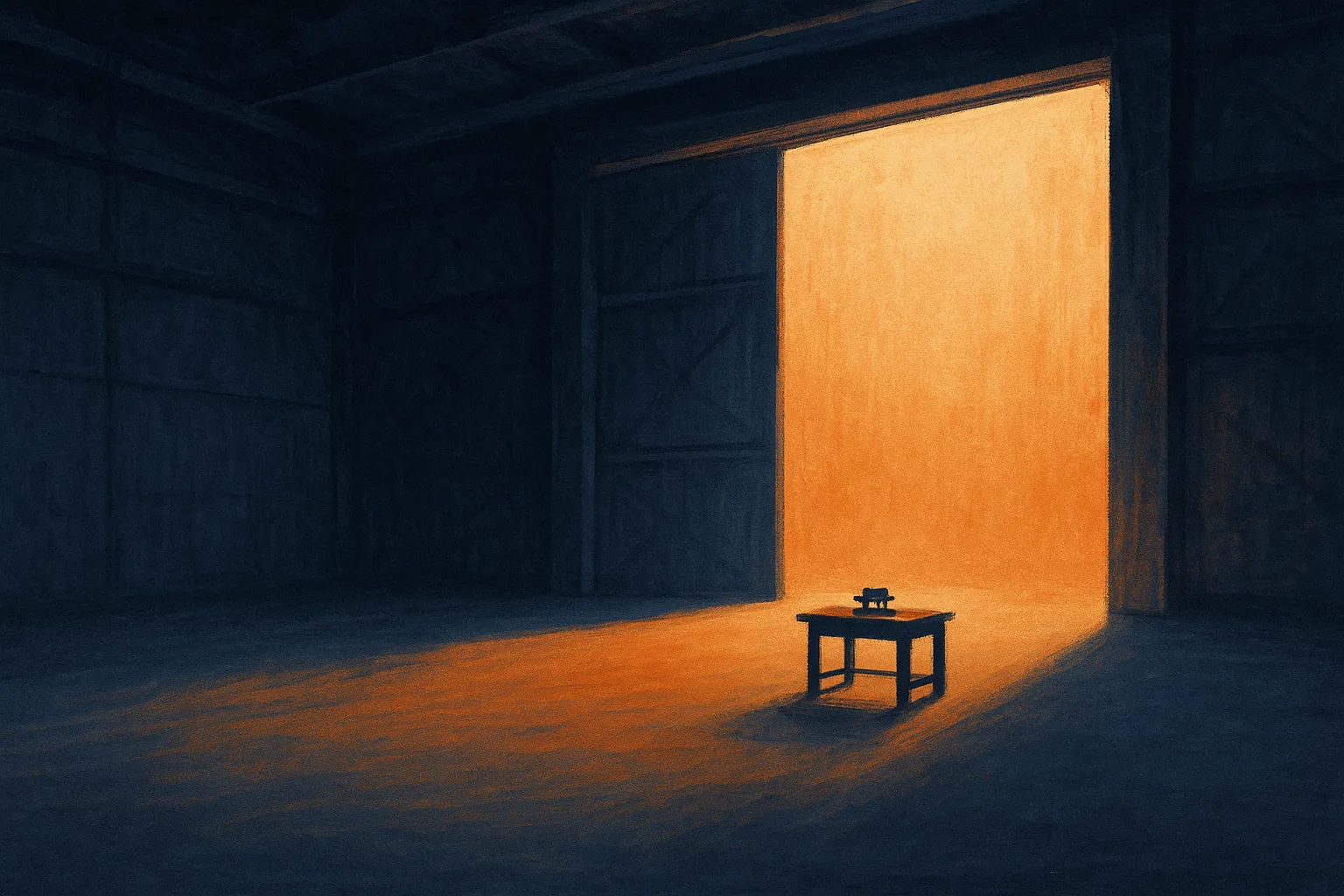 a small workshop bench dwarfed by an enormous open warehouse door letting in light