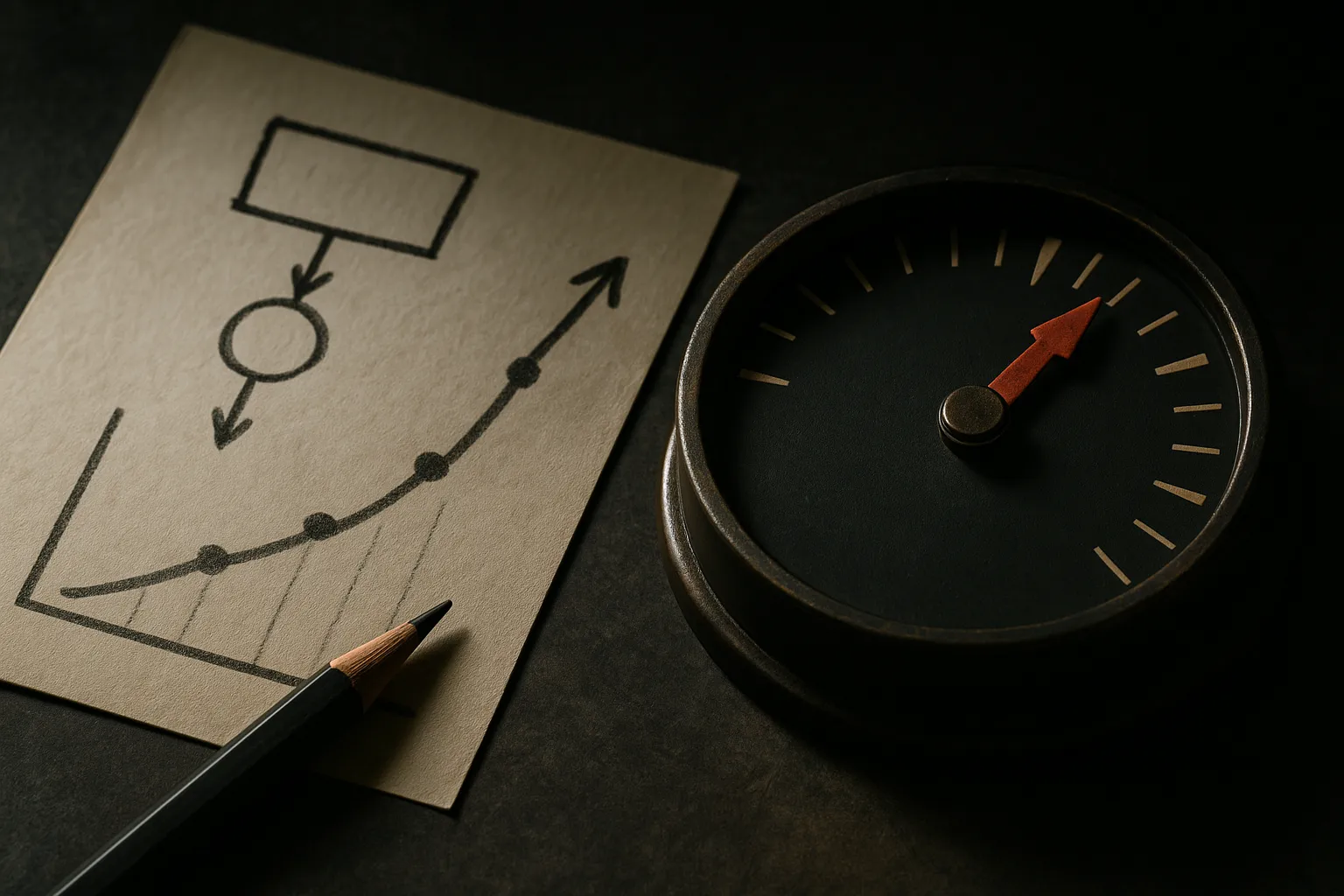 a hand-drawn process log on the left feeding into a predictive dial on the right