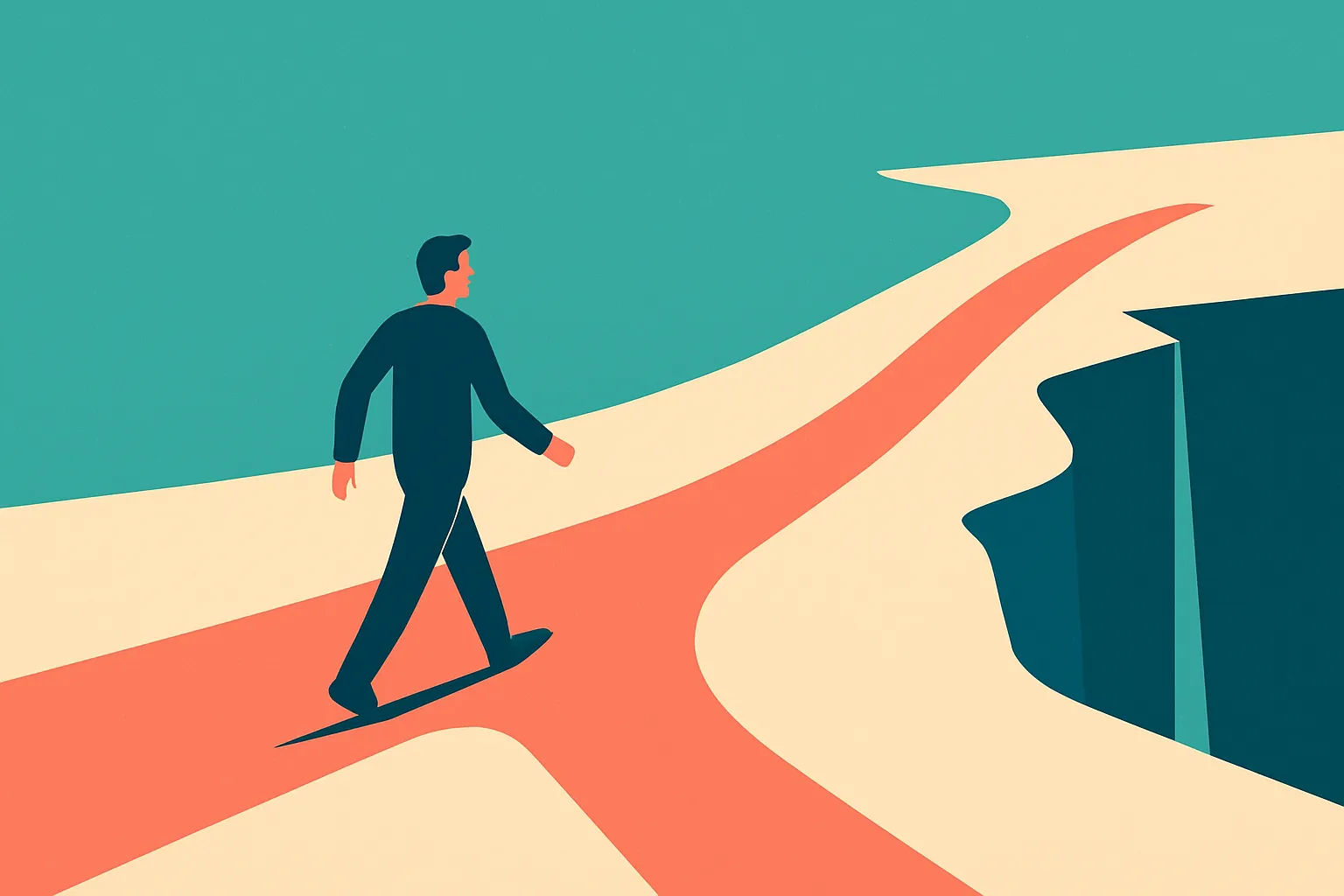a figure confidently walking down a forking path, one branch leading off a cliff, unable to see the turn behind