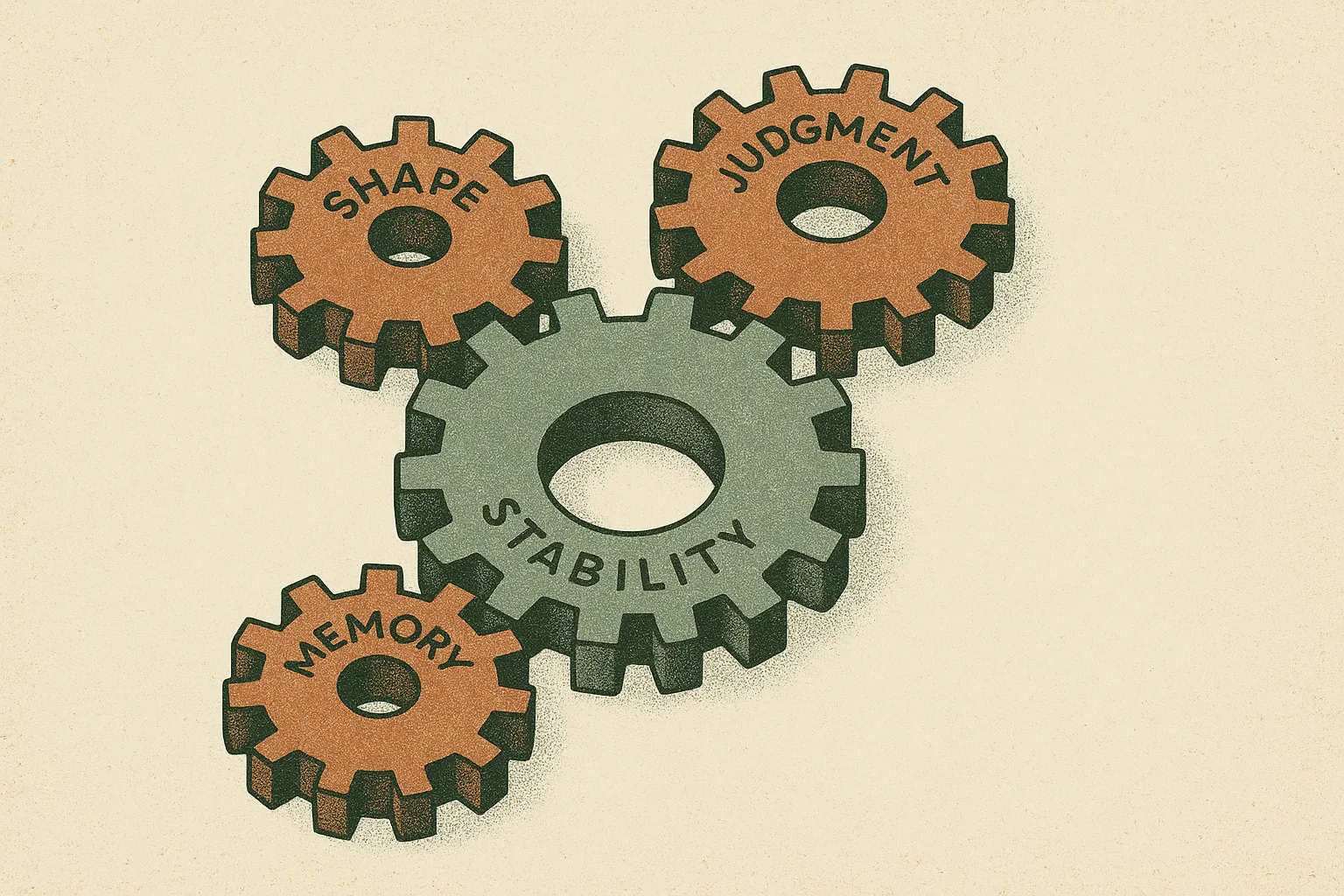 three separate gears labeled by shape, judgment, memory, and stability, meshing into one wheel