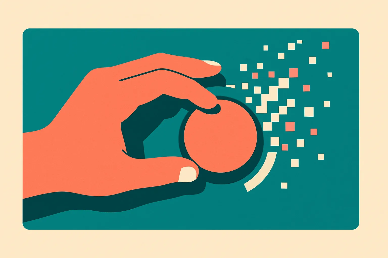 a hand reaching for a control dial that dissolves into scattered fragments as it is turned