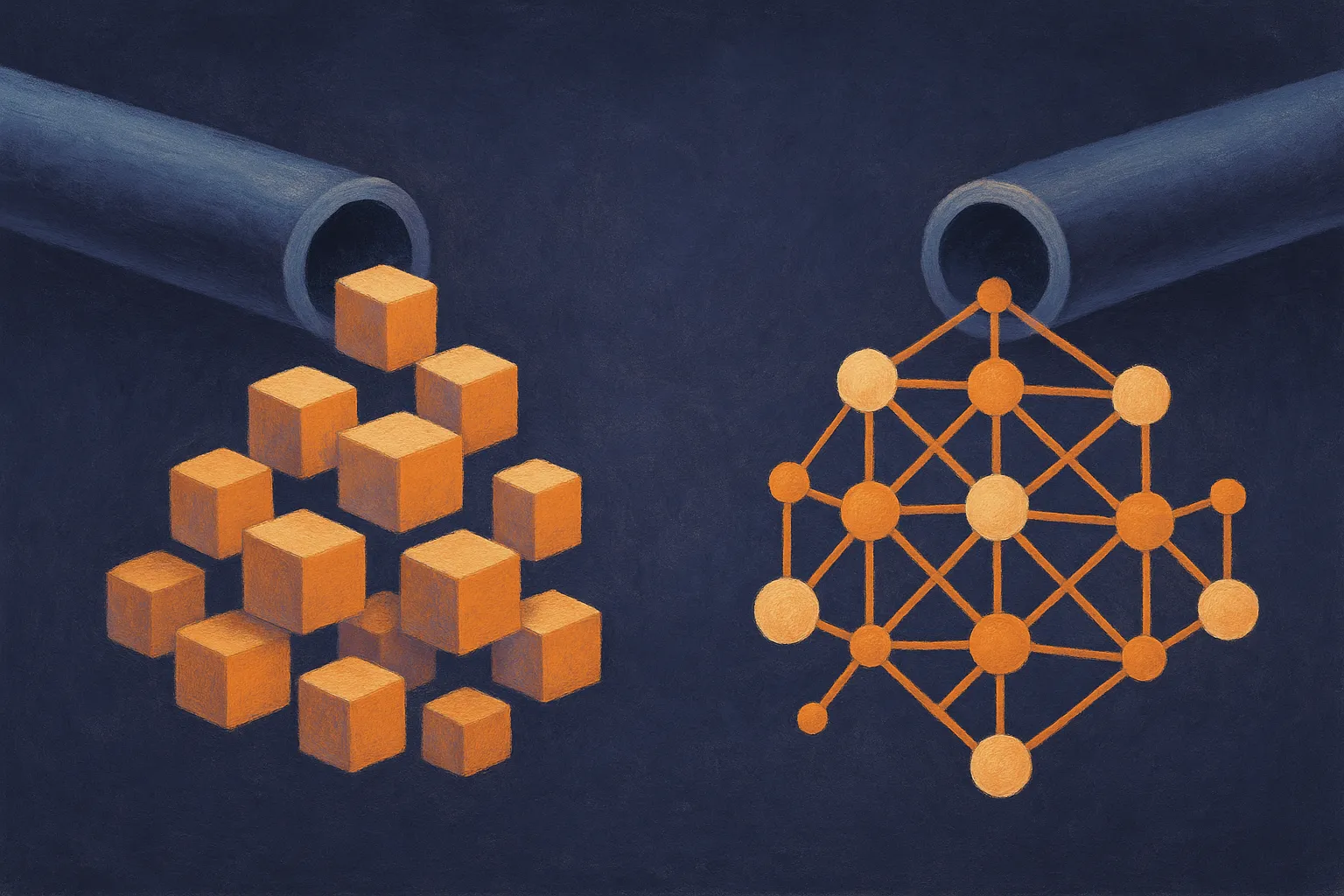 two retrieval pipelines side by side, one flowing through undifferentiated blocks, the other flowing through a structure
