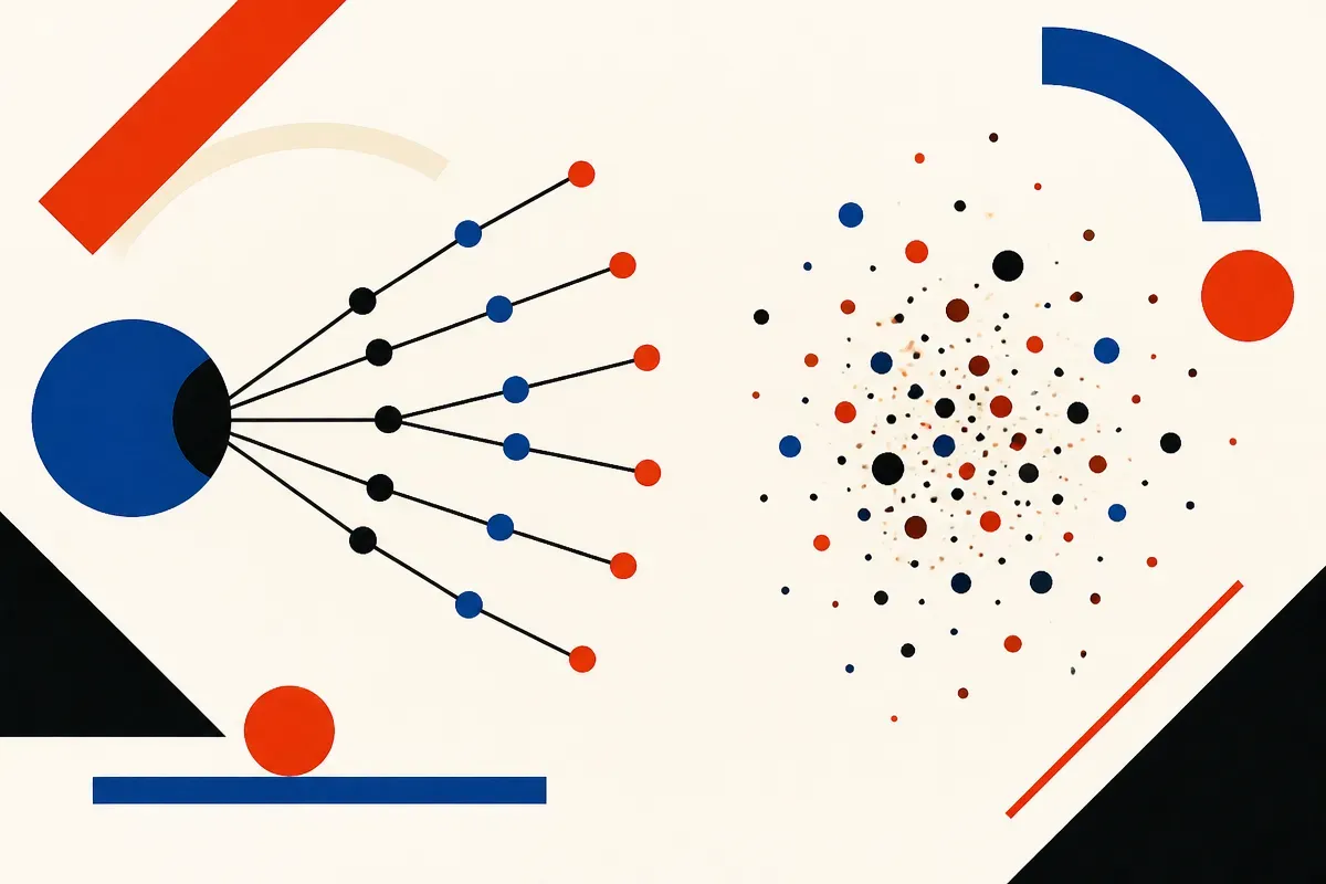 a controlled fan of diverging branches versus a scattered cloud of random dots, side by side