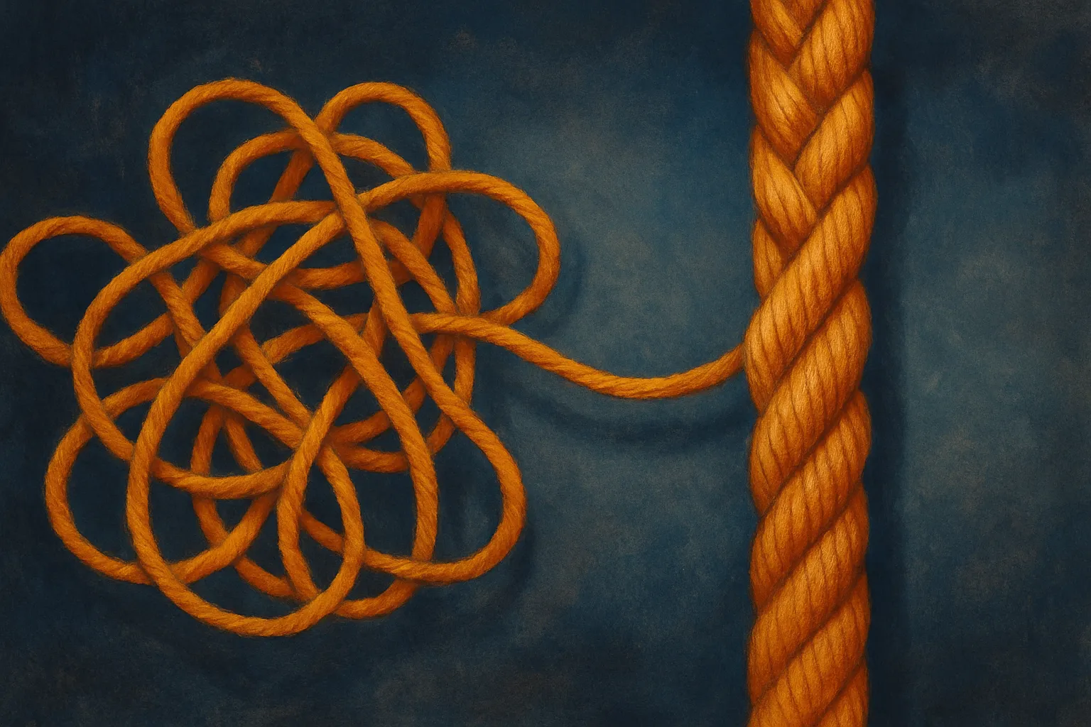 a tangle of separate threads on the left resolving into a single clean braided rope on the right
