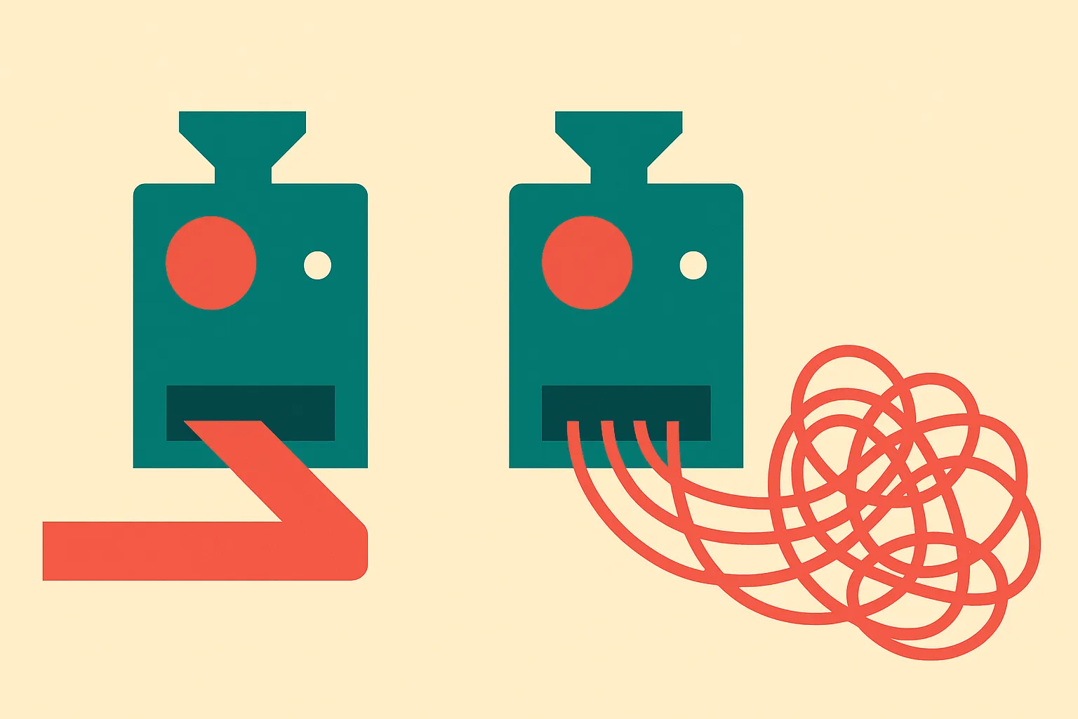 two identical machines side by side, one producing a clean stream and one producing a tangled scattered stream