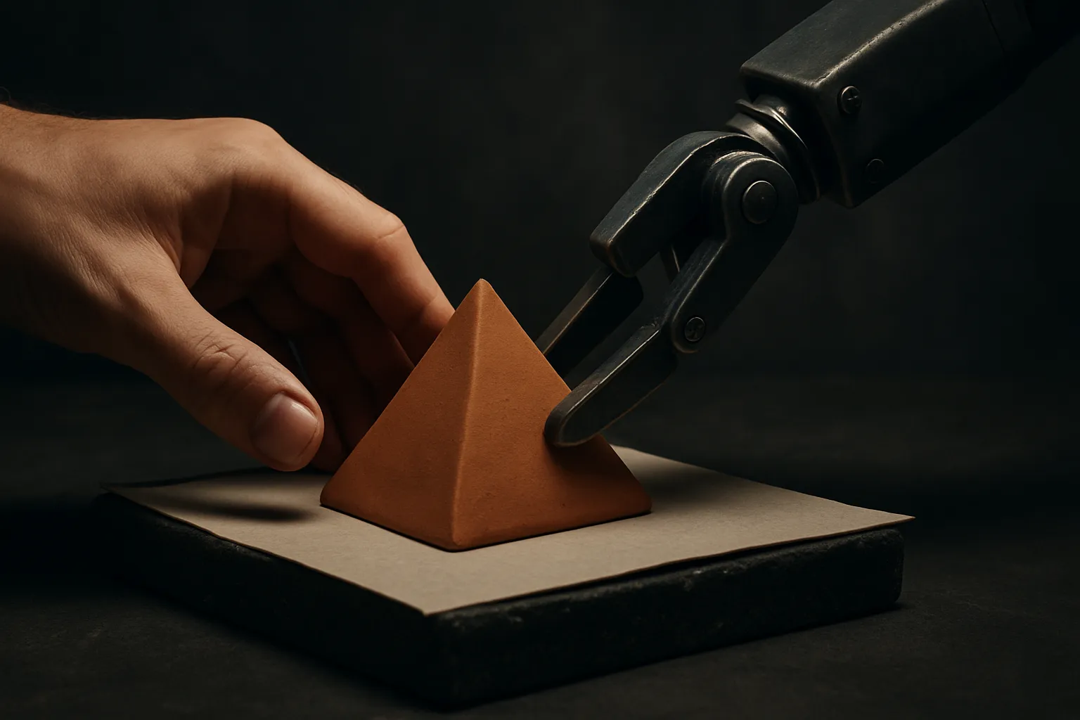 a human hand and a machine element jointly shaping a form that neither shapes alone