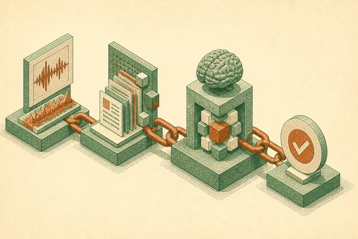 a three-part chain where audio, retrieved evidence, and a reasoning step feed together into a single verdict, with the r