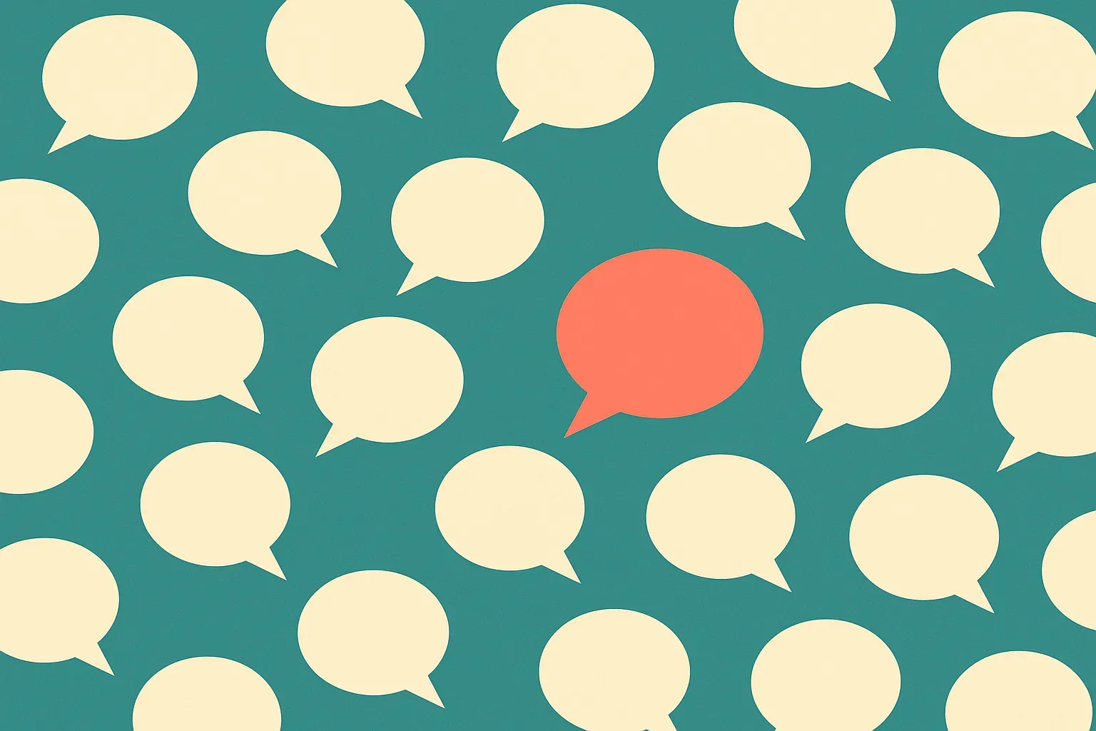 a wide field of speech bubbles of varying sizes, most faded and one bright, suggesting many voices unheard