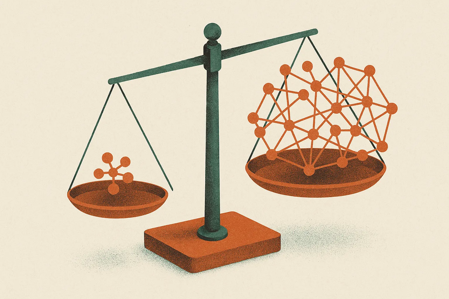 a scale balancing a small dense cluster against a much larger sprawling one, roughly level despite the size difference