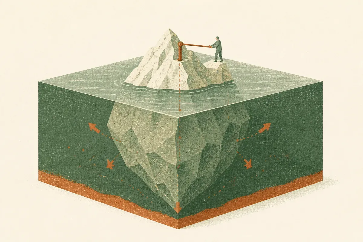 an iceberg where a small visible tip is being adjusted and the large hidden mass below shifts in response