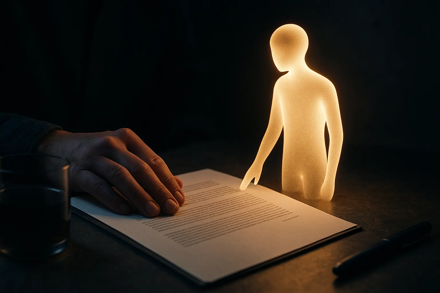 a researcher and a glowing assistant figure looking at the same document together, the human hand resting on the page to