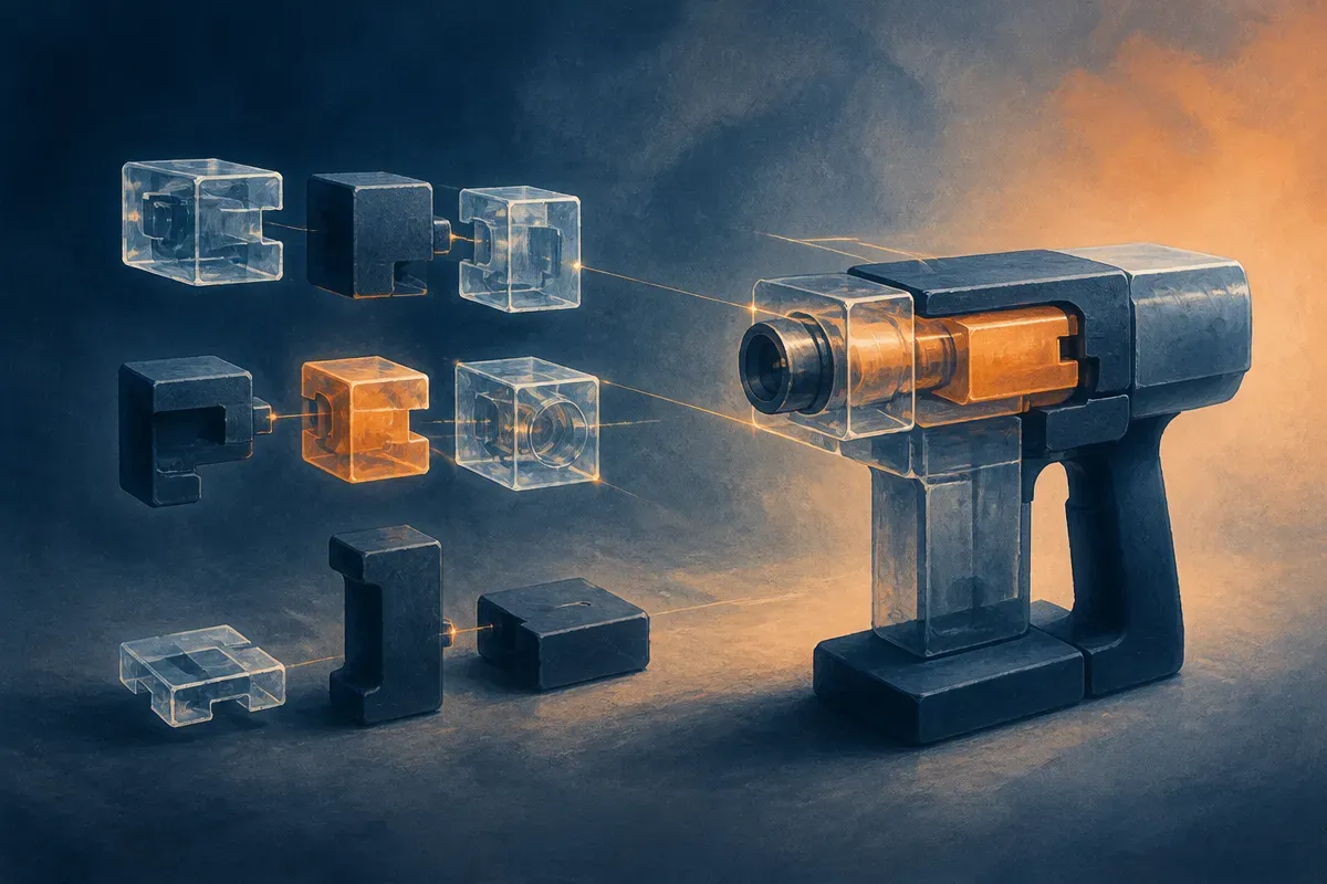 a set of modular building blocks, some transparent and some solid, snapping together into a single assembled tool