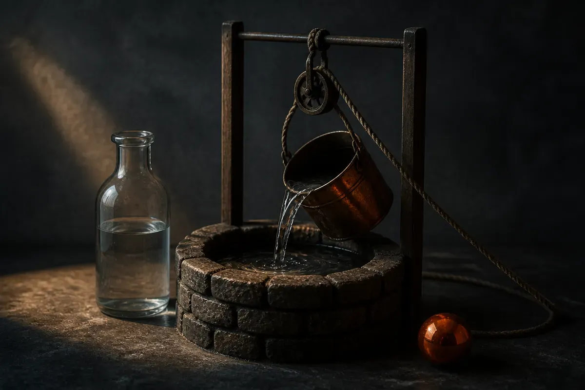 a hand carefully drawing water from a well and pouring some back in