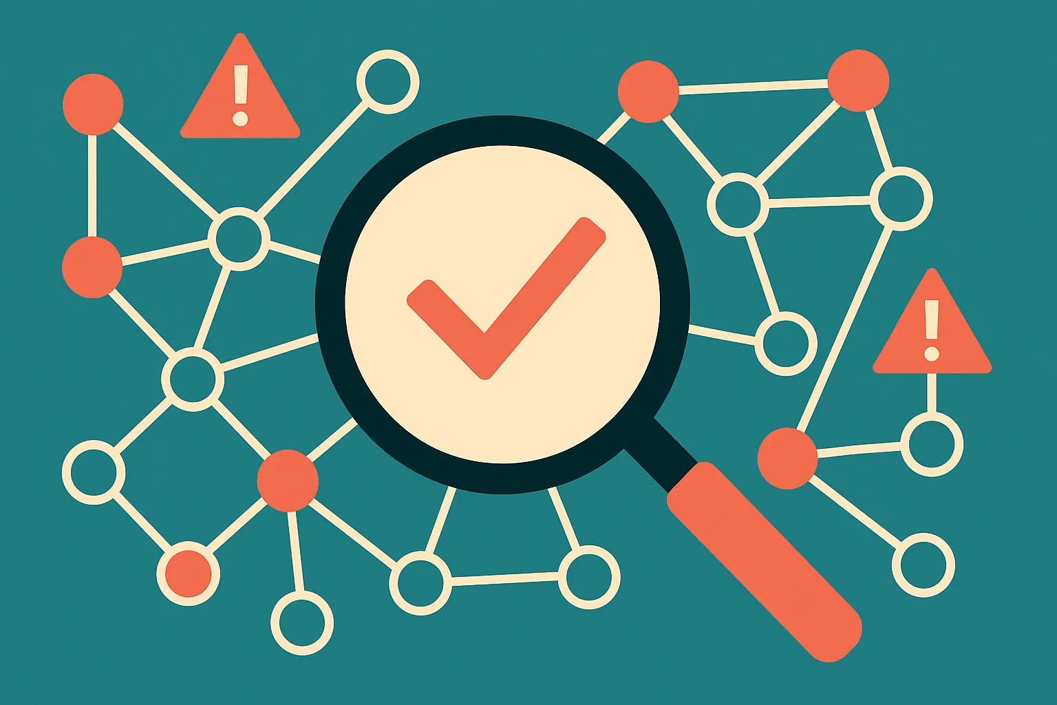 a magnifying glass over a web of connected nodes, some nodes bright and confirmed, some dim and flagged for review