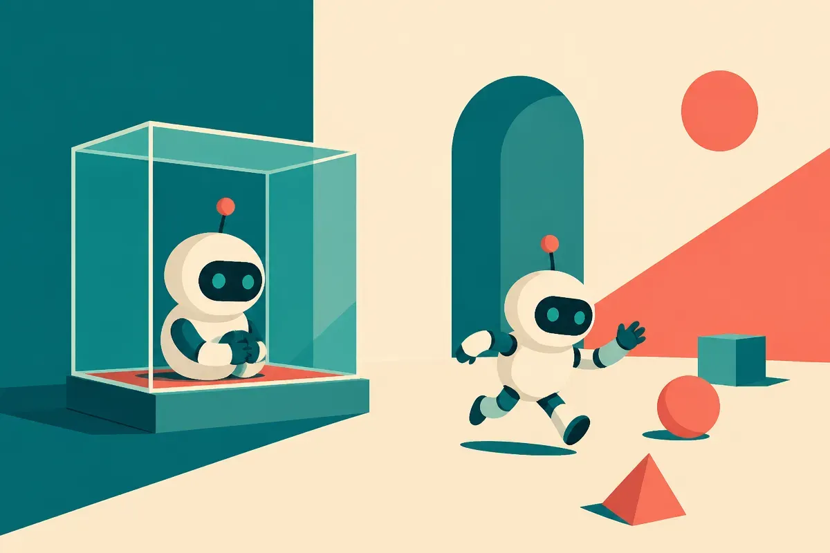 two agents side by side, one boxed inside a clear container, one running loose in an open room