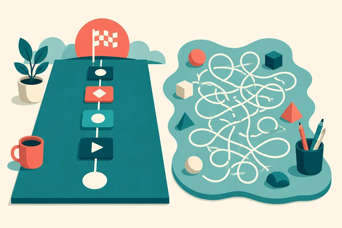 two work surfaces side by side, one a structured workflow with a clear finish line, the other an open-ended tangle with 