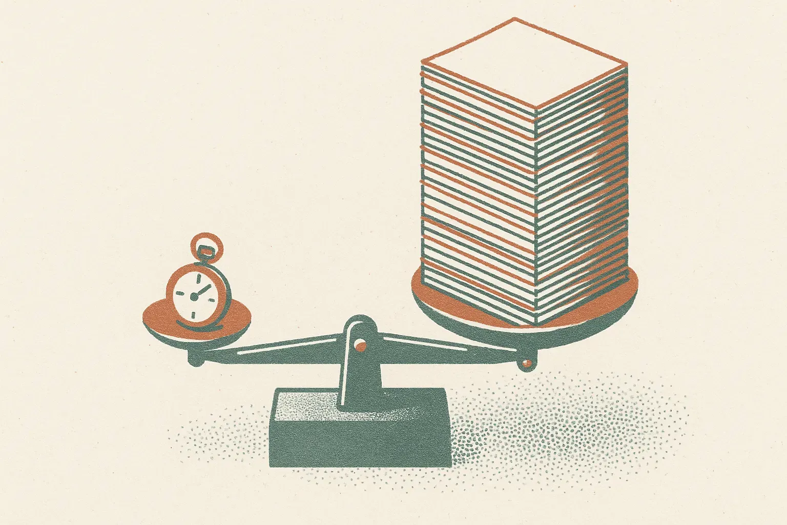 a stopwatch shrinking on one side of a balance while a stack of identical documents grows on the other