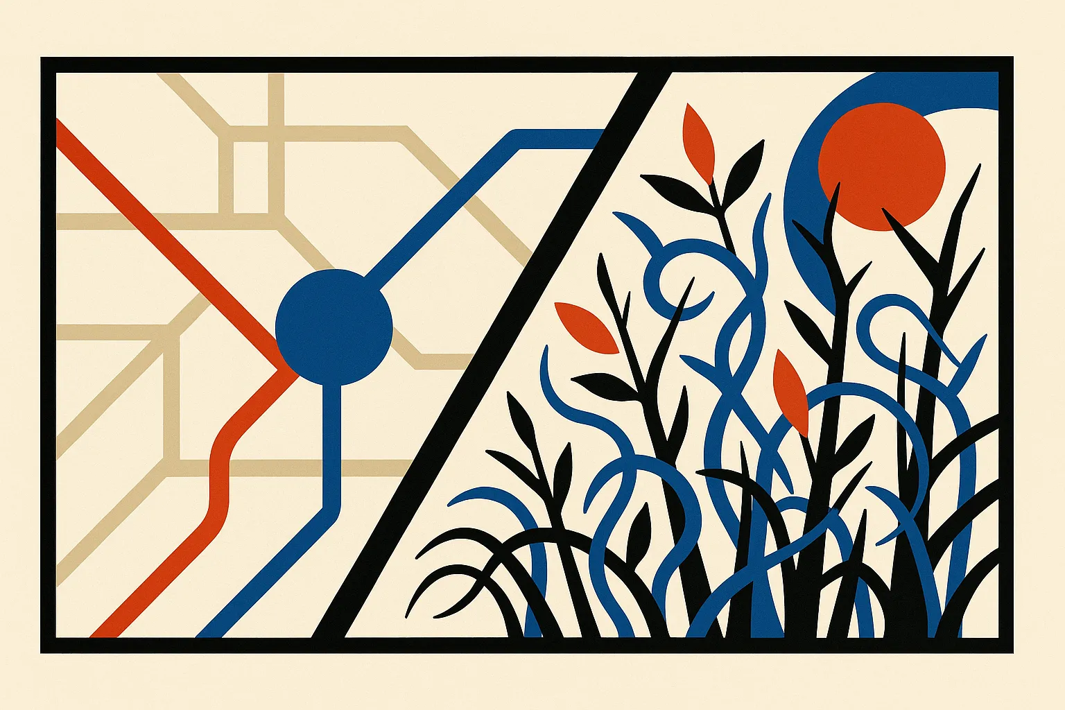 a clean map versus a tangled overgrown territory laid side by side