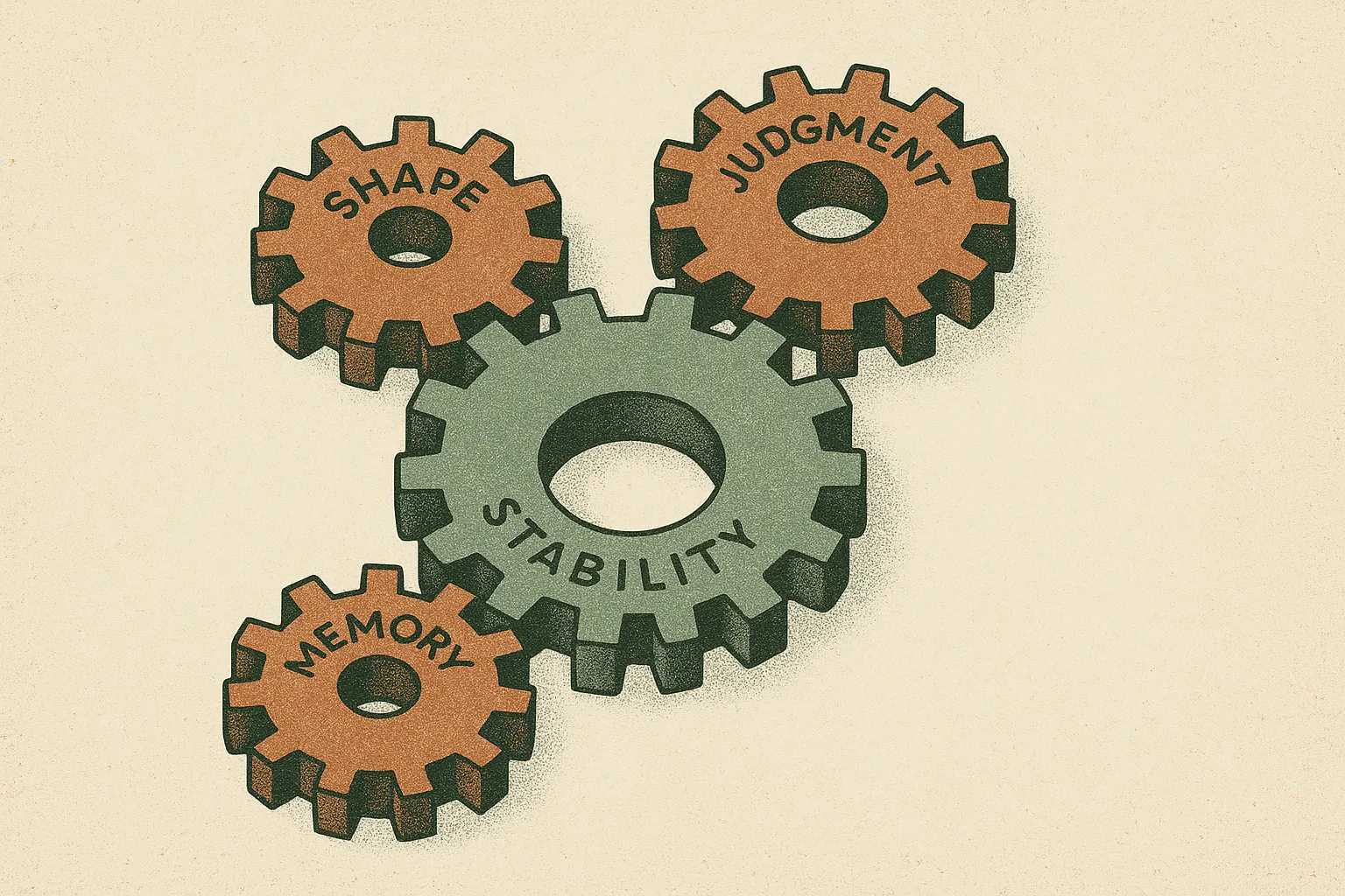 three separate gears labeled by shape, judgment, memory, and stability, meshing into one wheel