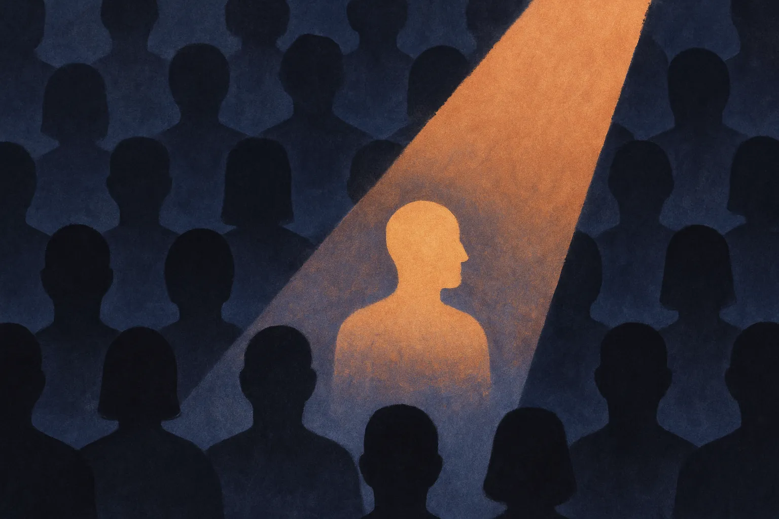 a spotlight illuminating one figure in a crowd while others remain in shadow