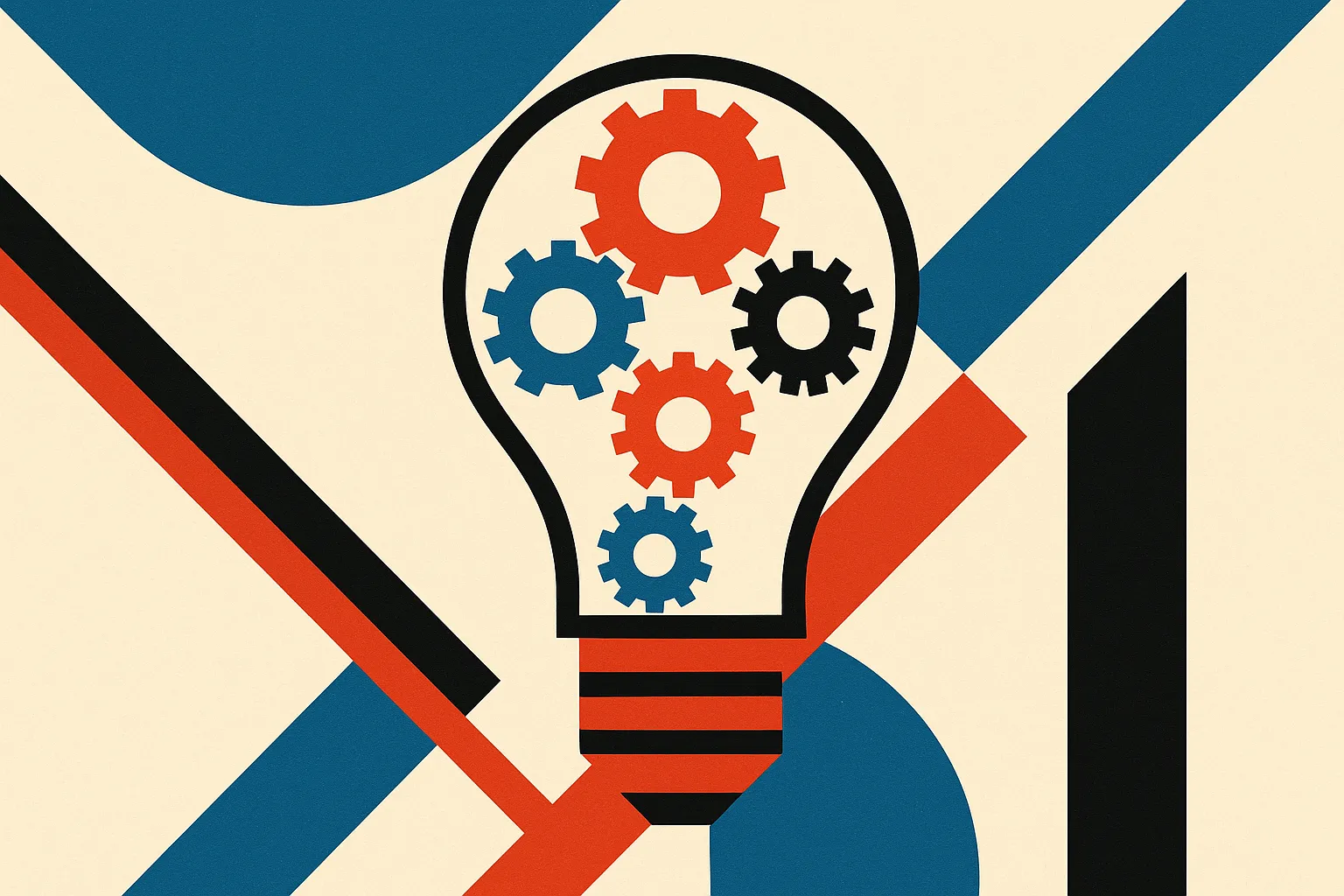 a single lightbulb formed from interlocking gears representing a team building its own test set