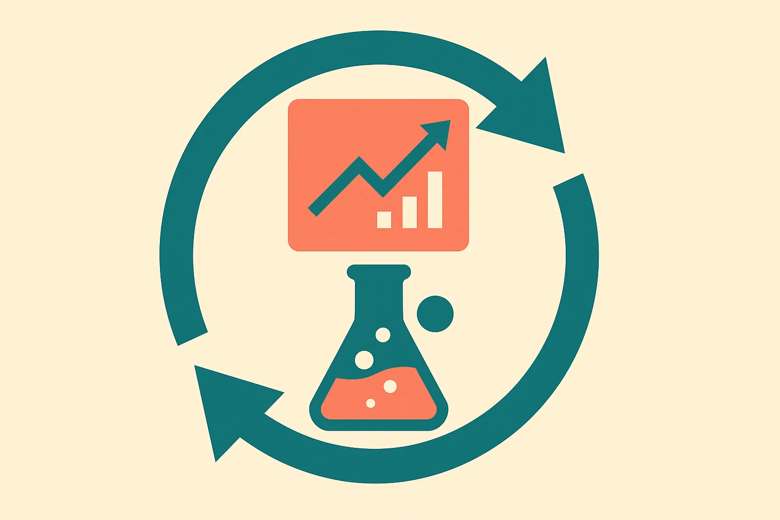 a closed loop where a prediction feeds an experiment and the experiment feeds back into the prediction