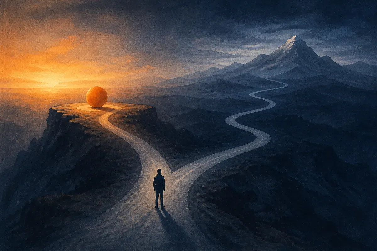 two diverging paths from one decision point, one short and one long, weighted differently