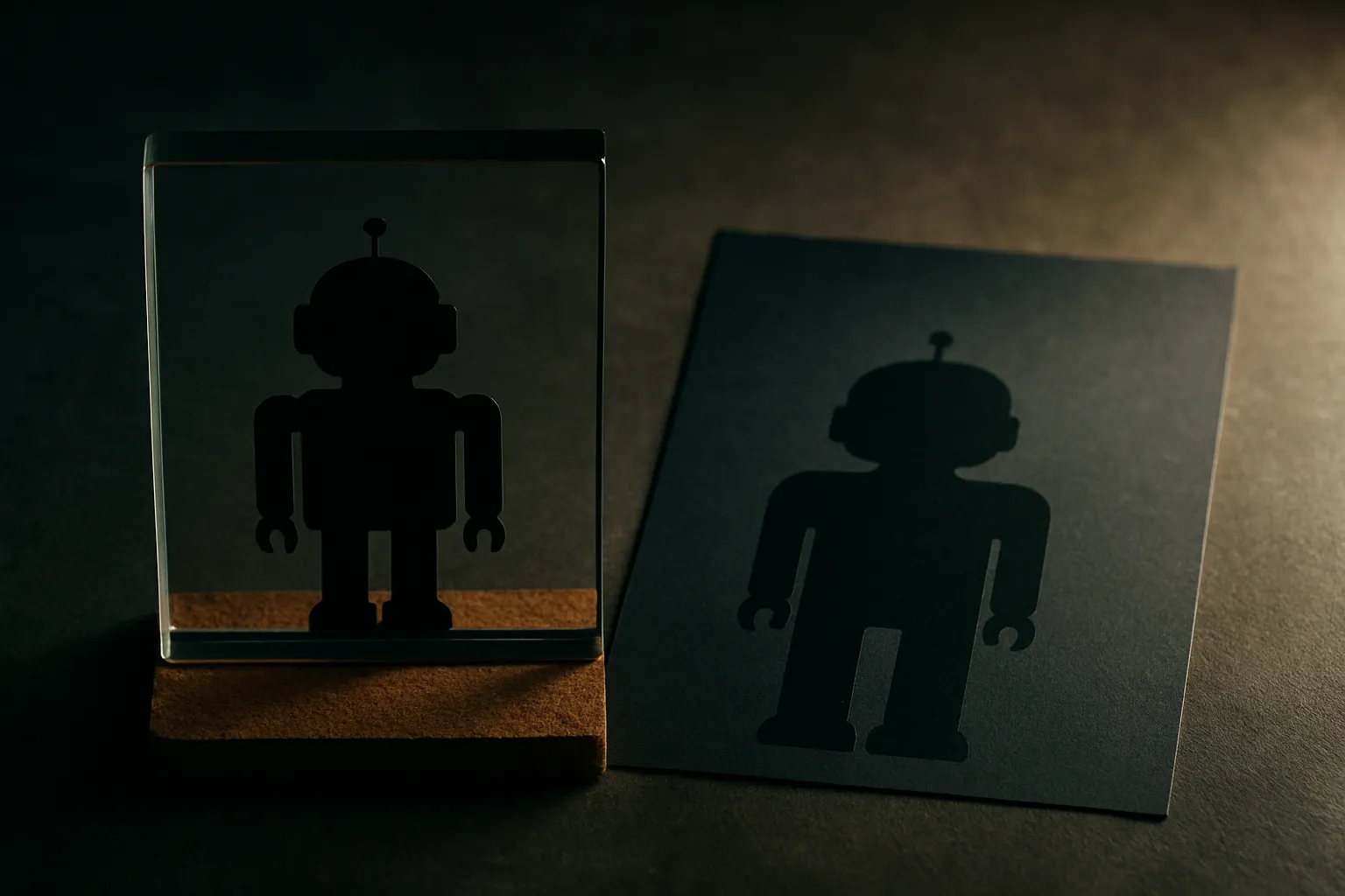 two robot silhouettes side by side, one boxed inside a fixed boundary, the other surrounded by an expanding open space