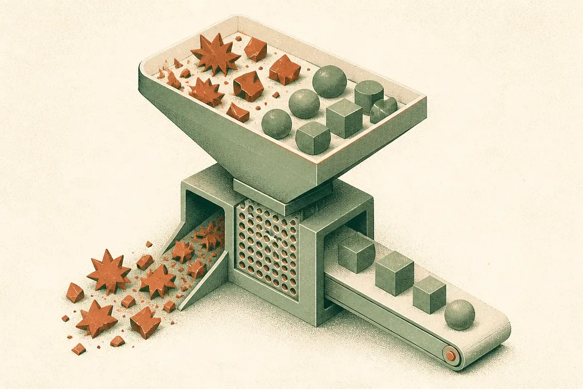 a filter funnel removing jagged broken shapes while smooth consistent shapes pass through