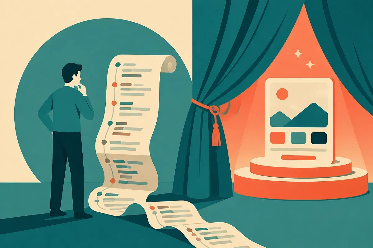 a person reading a long scroll of code commits while a finished product sits behind a curtain