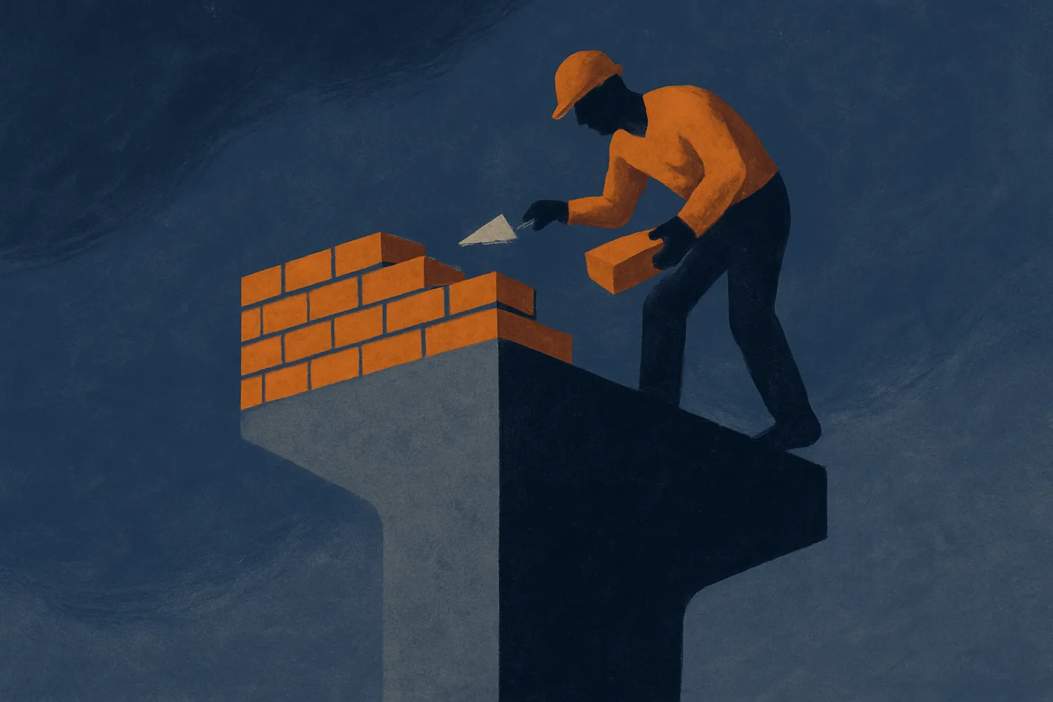 a builder laying bricks on a foundation that is itself slowly rising, so the work has to account for a shifting base